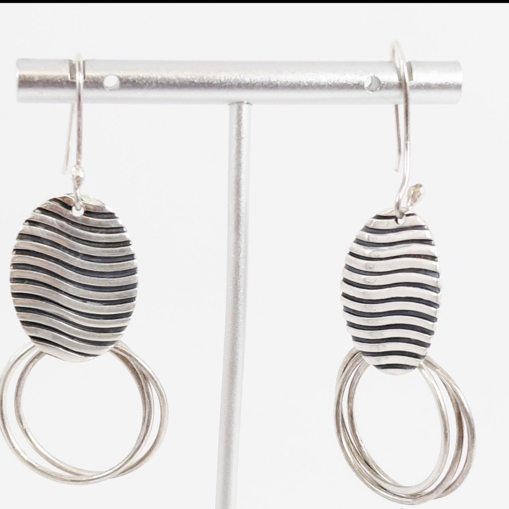 Modernist 925 Silver Oval Dangle Earrings